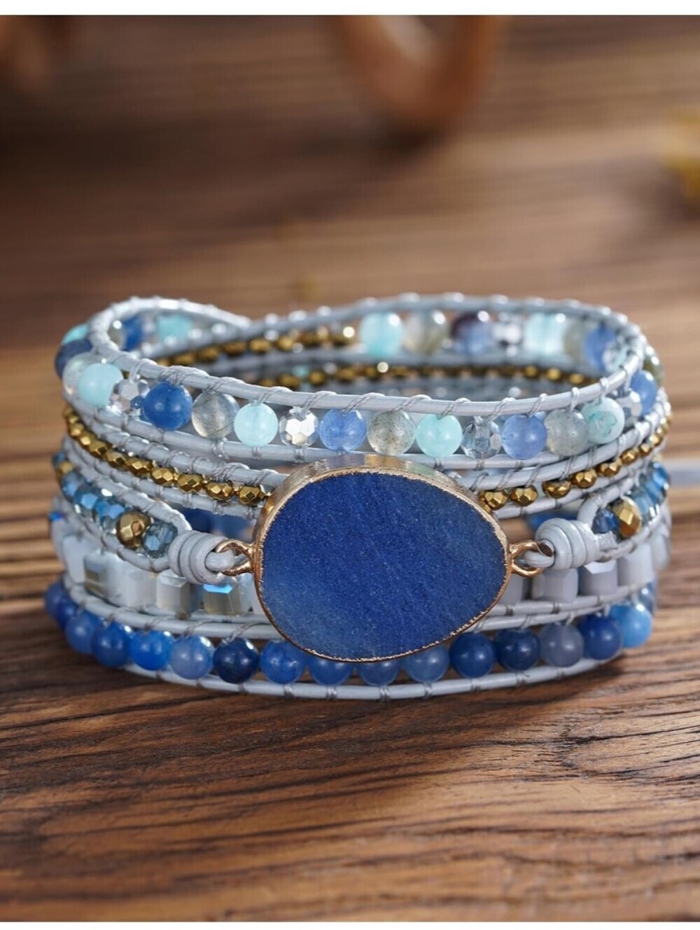 Blue Beaded Multi-Layer Wrap Bracelet with Stone Accent